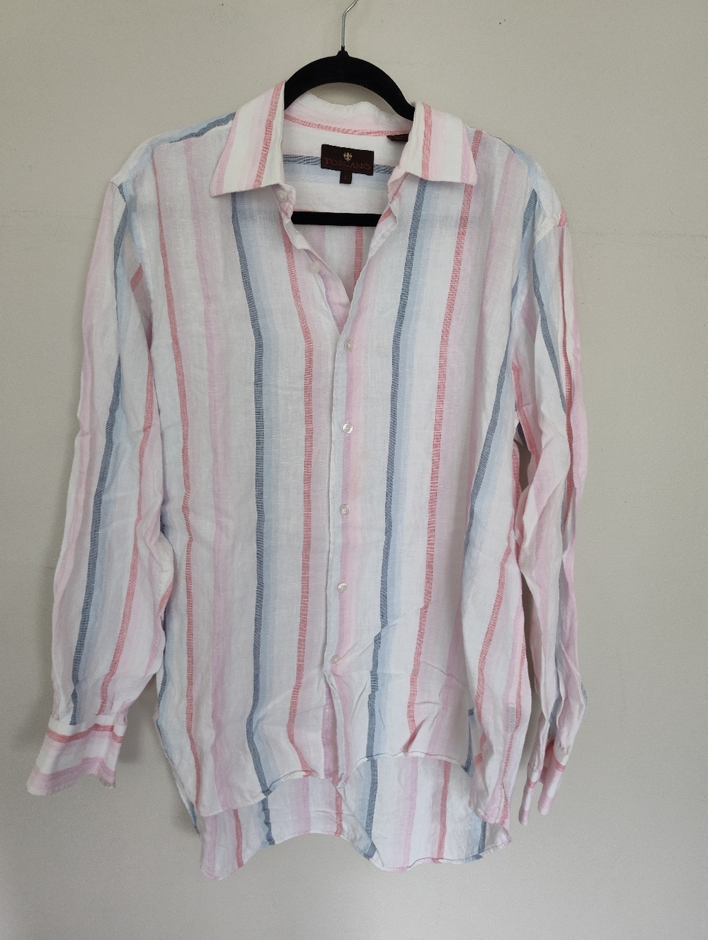 Toscano Button-Up Shirt Mens Large Linen Striped Pink & Blue